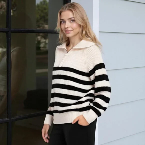 Women's Stripe Sweater Half Turtleneck Zipper Long Sleeve Knit Striped White - Picture 4 of 7